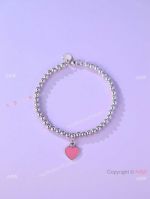 New! T I F F I NY & C o Pink Heart Tag Bead Bracelet S925 Silver